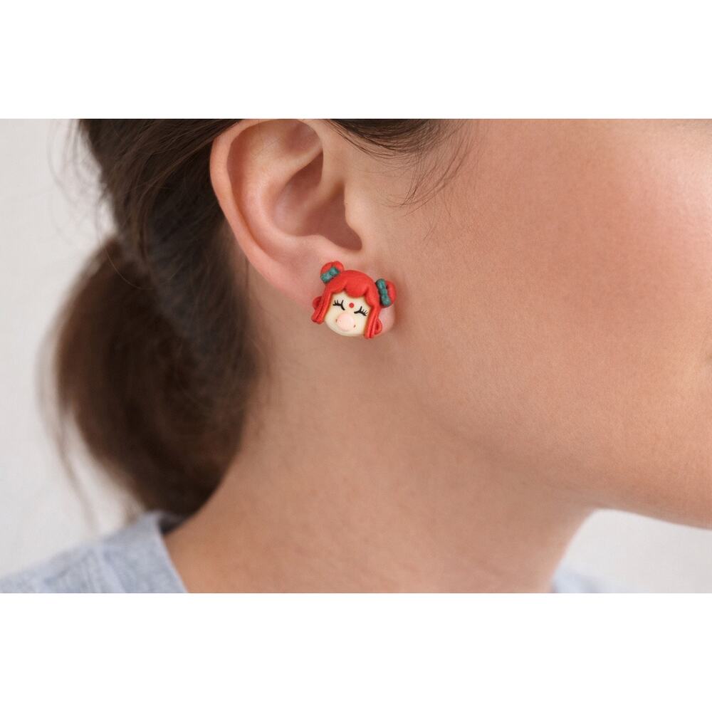 Cute Red Hair Girl Face Earrings Kawaii Novelty Studs